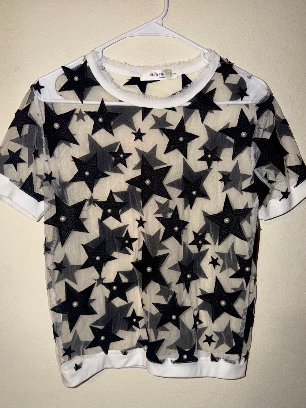Embroidered Star Sheer Top - Black Stars on White See Through